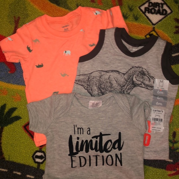 6mo 2 Carter’s top and 1 baby essentials onesie - Picture 1 of 4